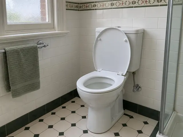 Clean white toilet in a tiled bathroom with patterned floor and towel rail in Randwick