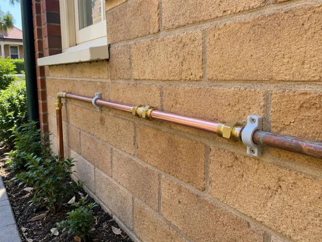 Copper water pipe repair fixed along an exterior brick wall beside a window in Kensington